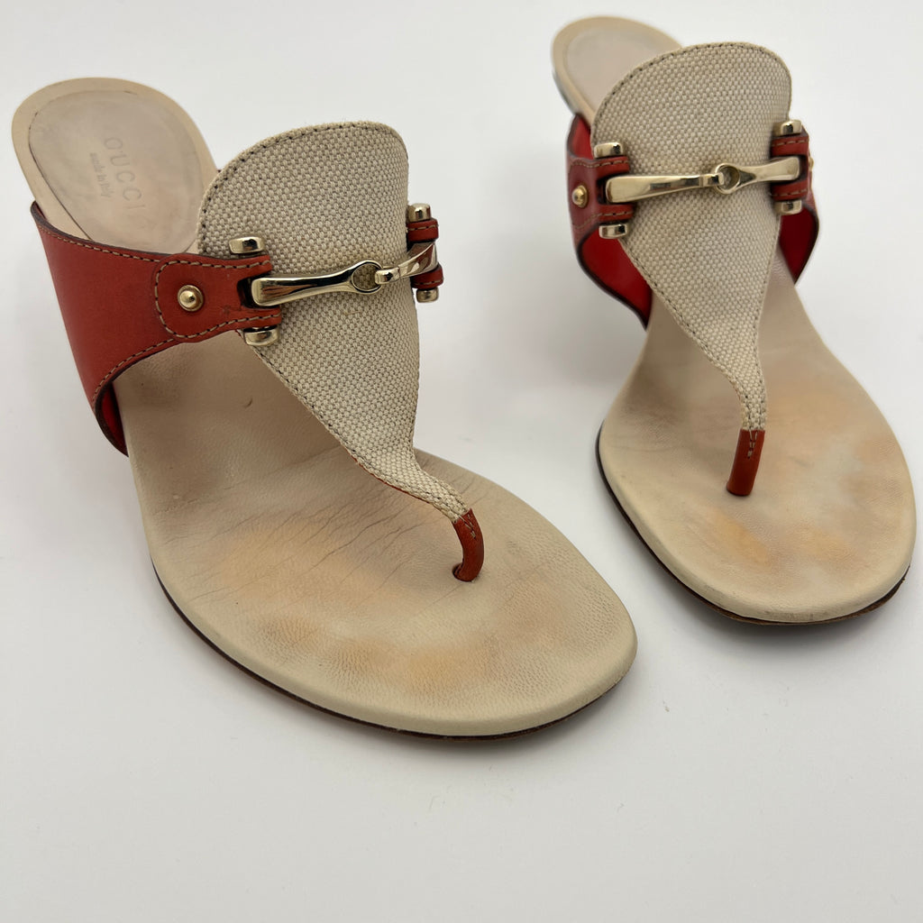 Gucci | Cream Red Leather Gold Hardware Thong Sandal Heels (36.5)