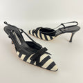 Manolo Blahnik | Galop Black White Stripe Bow Canvas Leather Slingback Heels (39.5)