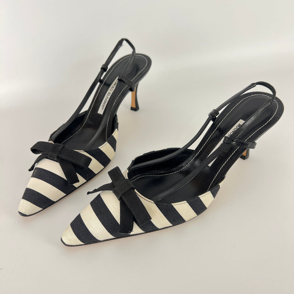 Manolo Blahnik | Galop Black White Stripe Bow Canvas Leather Slingback Heels (39.5)