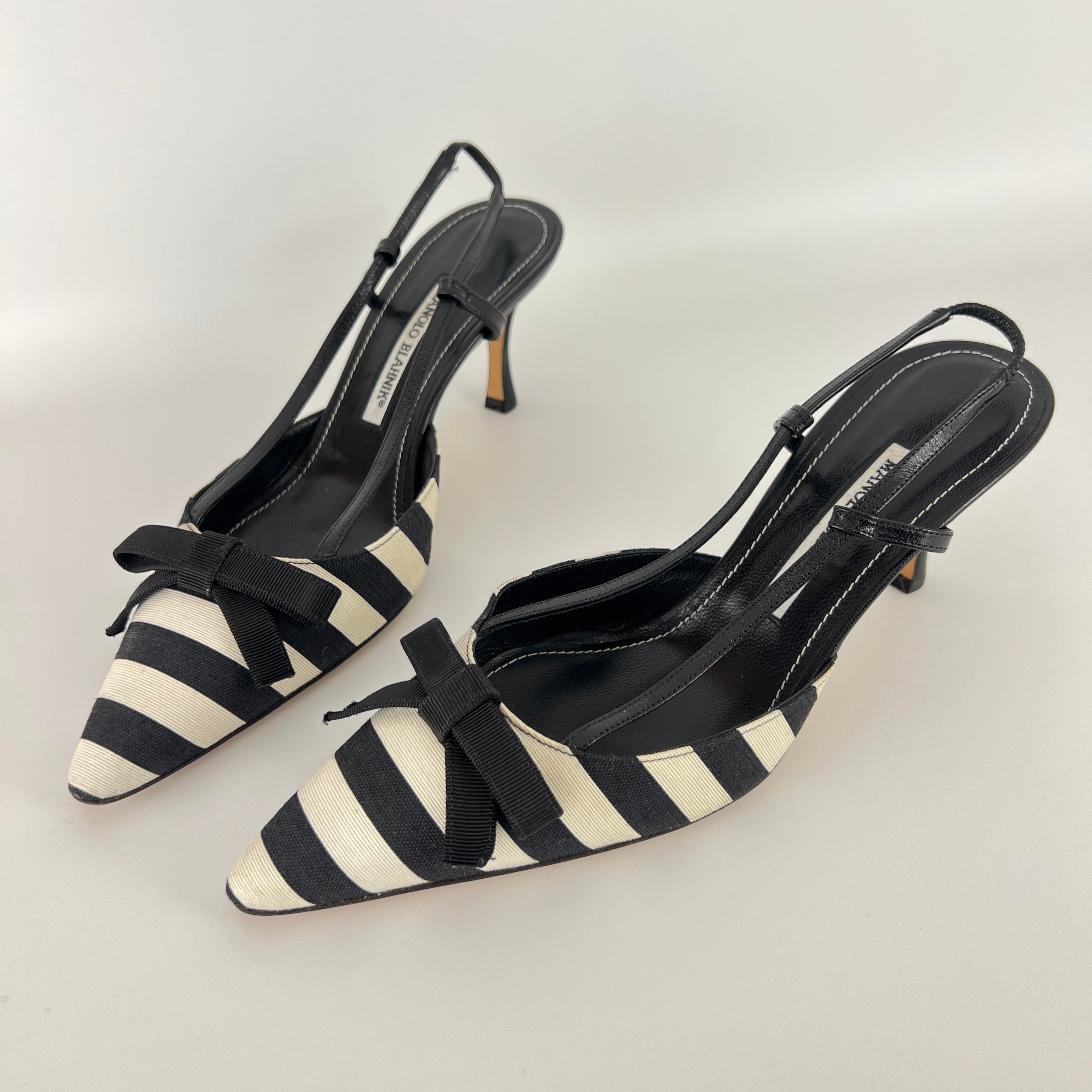 Manolo Blahnik | Galop Black White Stripe Bow Canvas Leather Slingback Heels (39.5)