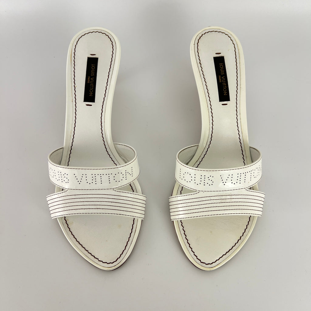 Louis Vuitton | White Patent Leather Logo Slide Sandal Mules (36)