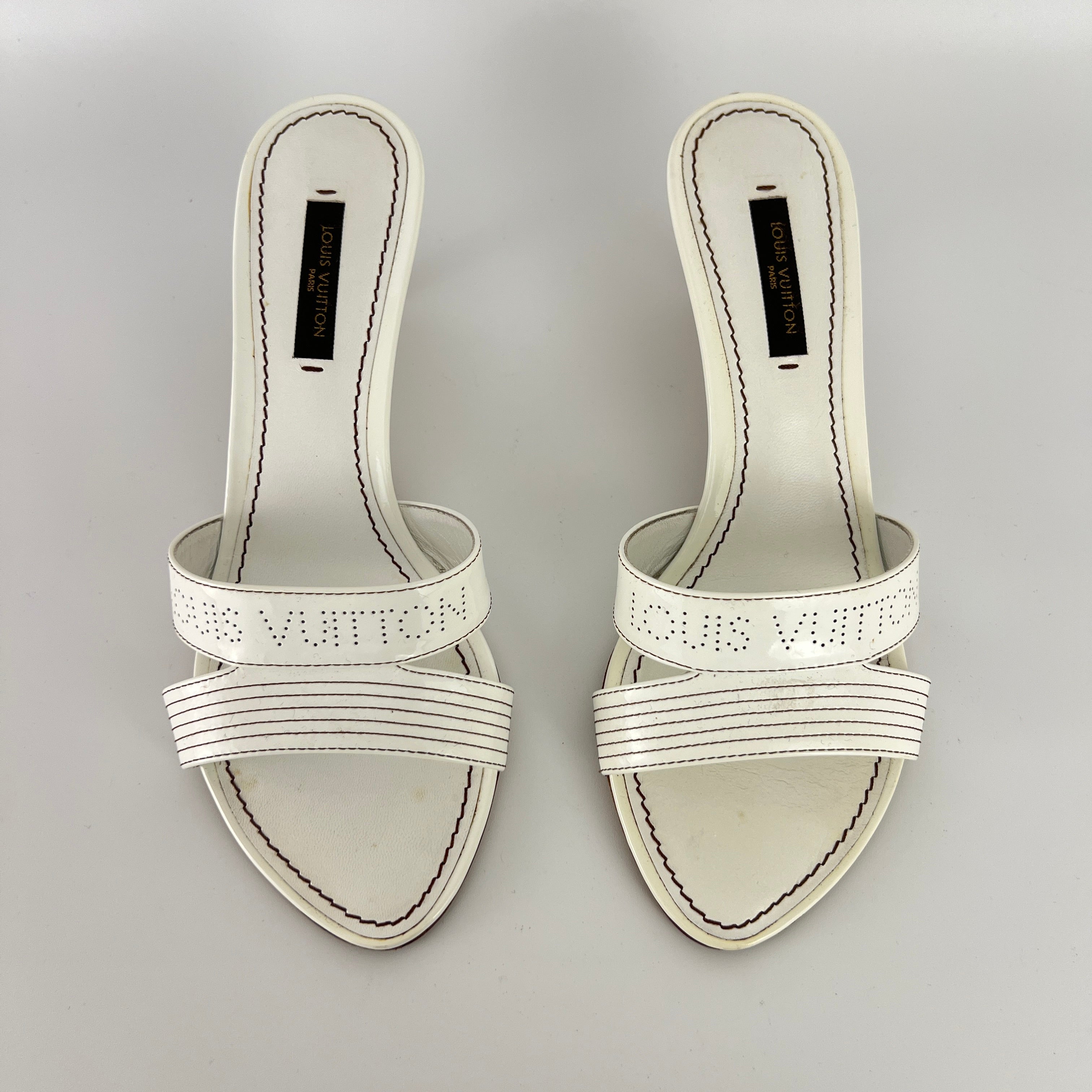 Louis Vuitton | White Patent Leather Logo Slide Sandal Mules (36)