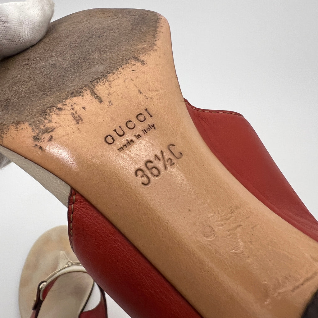 Gucci | Cream Red Leather Gold Hardware Thong Sandal Heels (36.5)