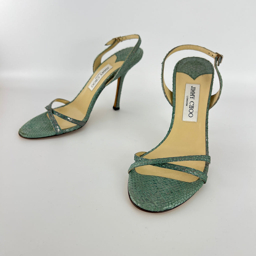 Jimmy Choo | Vintage Metallic Green Snake Leather Sandal Slingback (39.5)