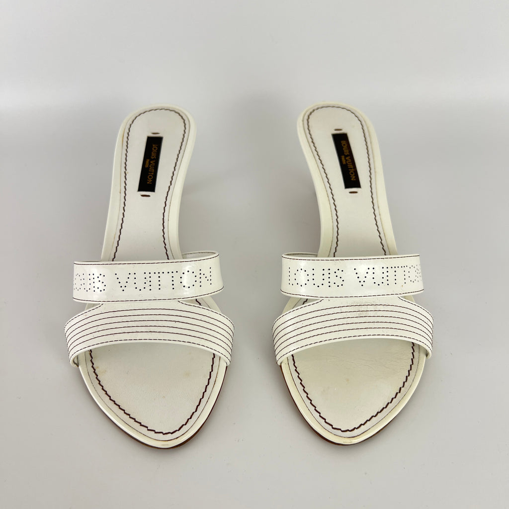 Louis Vuitton | White Patent Leather Logo Slide Sandal Mules (36)