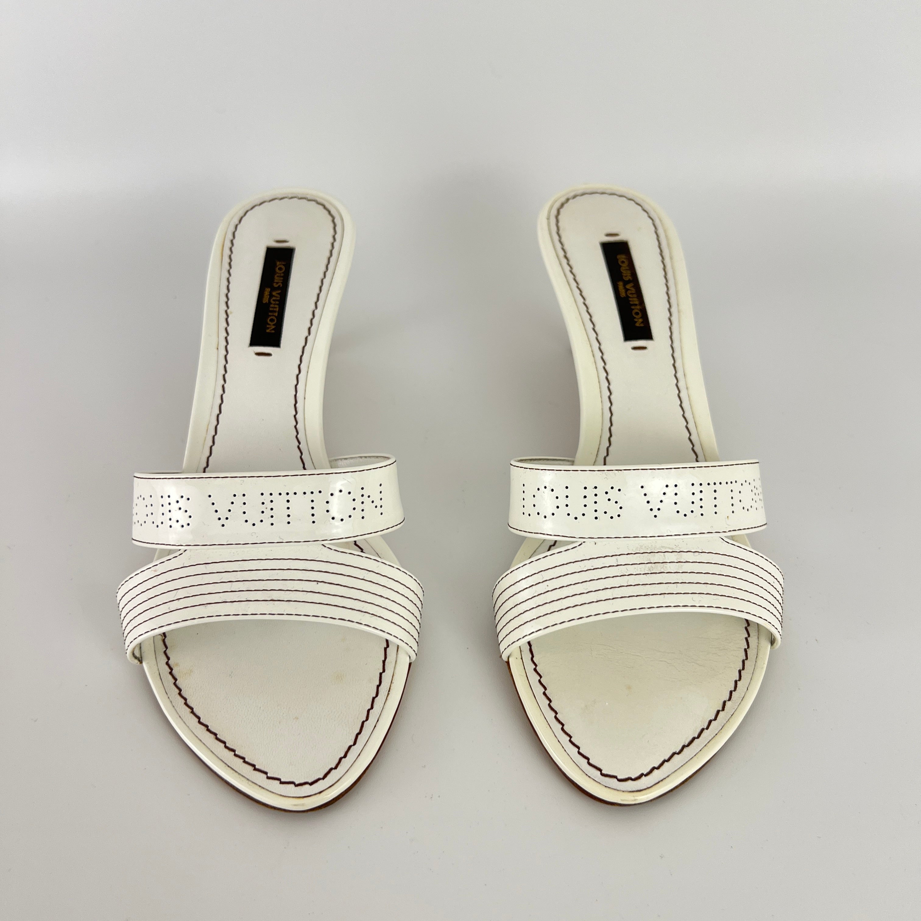 Louis Vuitton | White Patent Leather Logo Slide Sandal Mules (36)