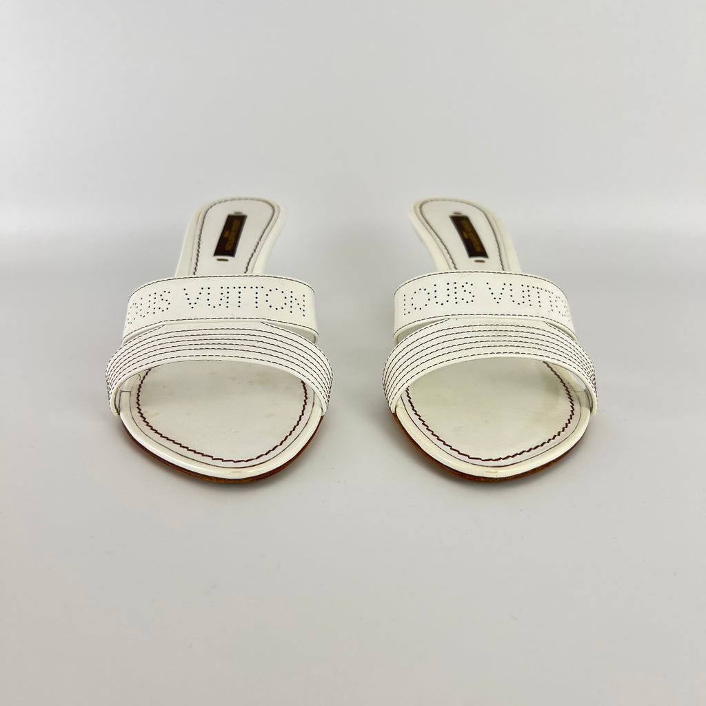 Louis Vuitton | White Patent Leather Logo Slide Sandal Mules (36)