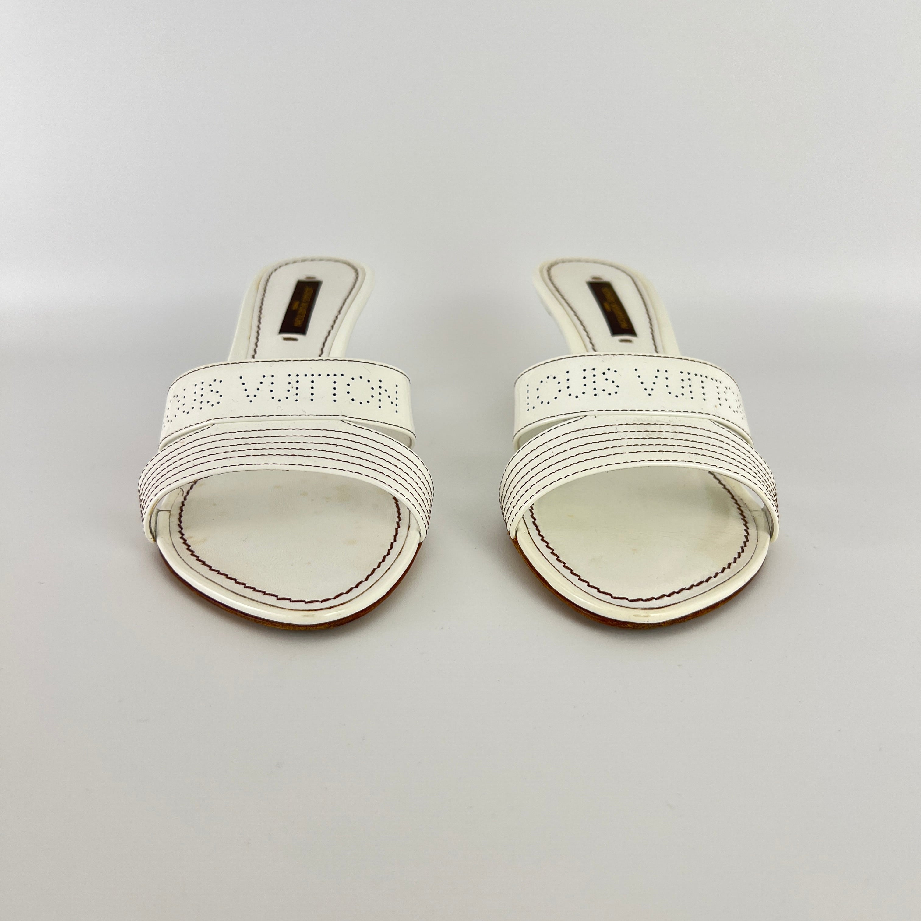 Louis Vuitton | White Patent Leather Logo Slide Sandal Mules (36)