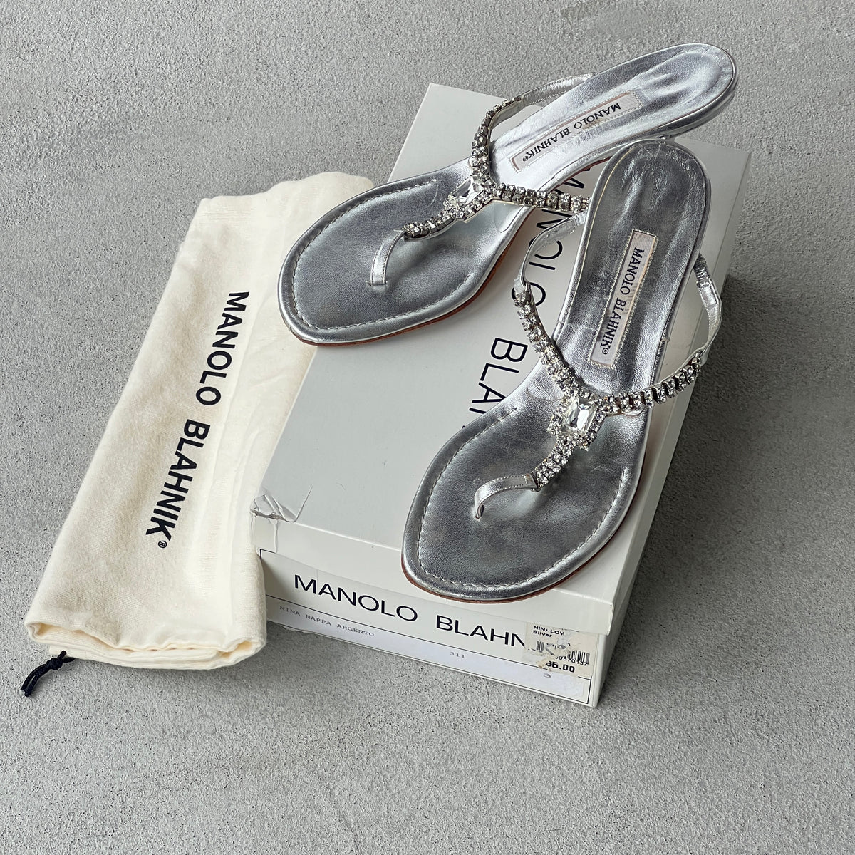Manolo Blahnik | Vintage Nina Silver Leather Jewel Thong Sandal Kitten Heel Mules (38.5)