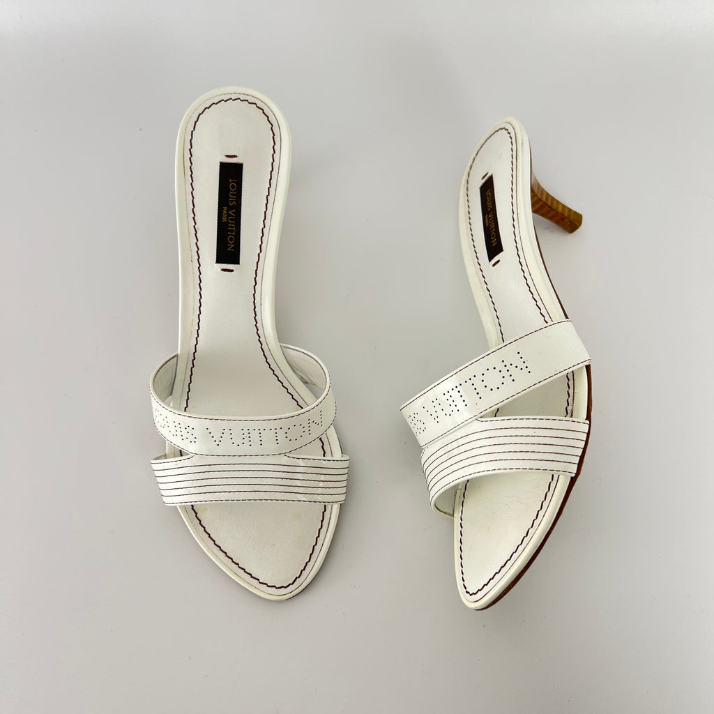 Louis Vuitton | White Patent Leather Logo Slide Sandal Mules (36)