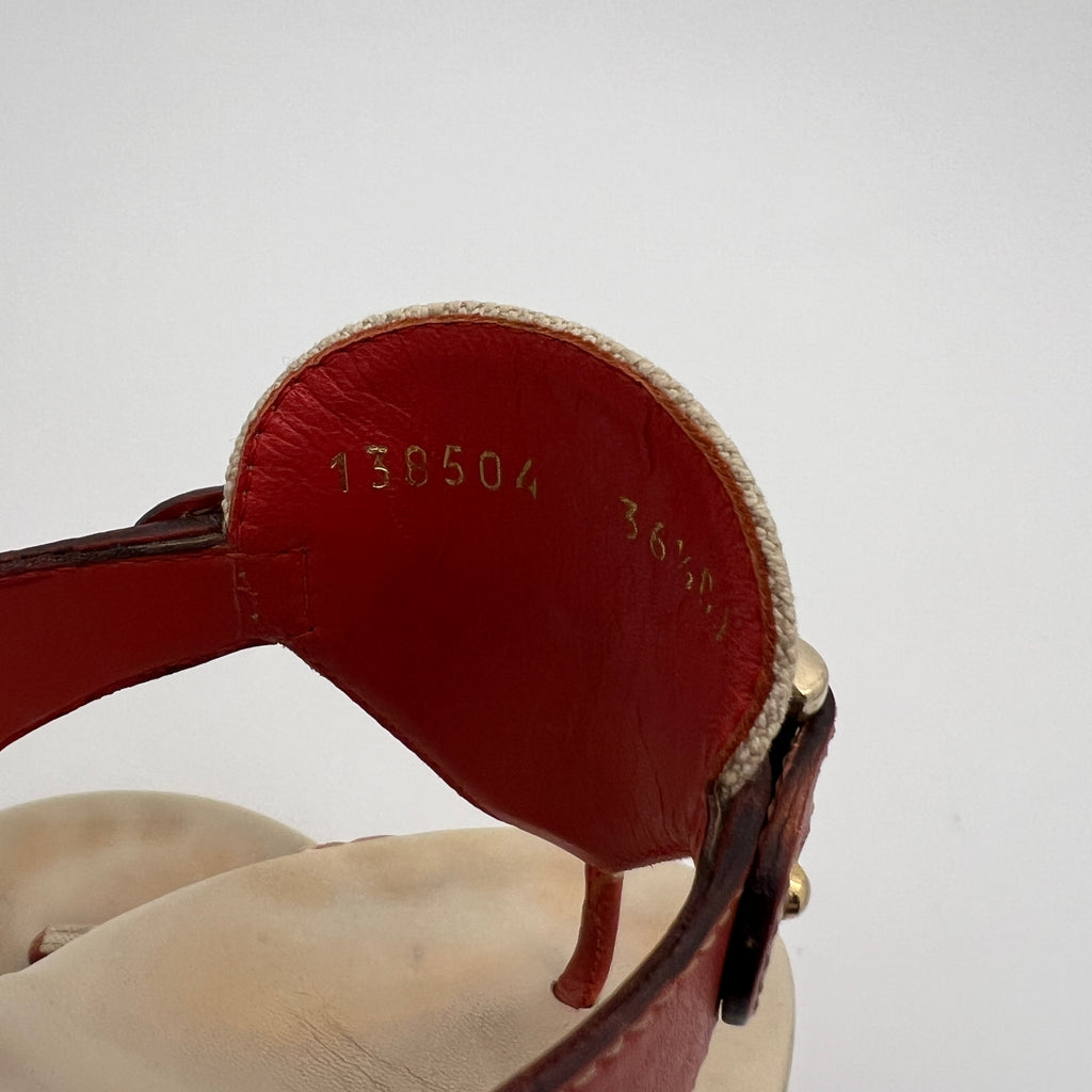 Gucci | Cream Red Leather Gold Hardware Thong Sandal Heels (36.5)