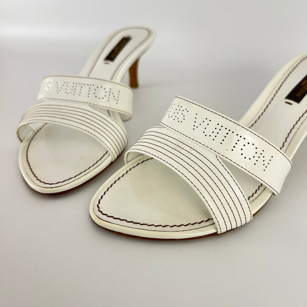 Louis Vuitton | White Patent Leather Logo Slide Sandal Mules (36)