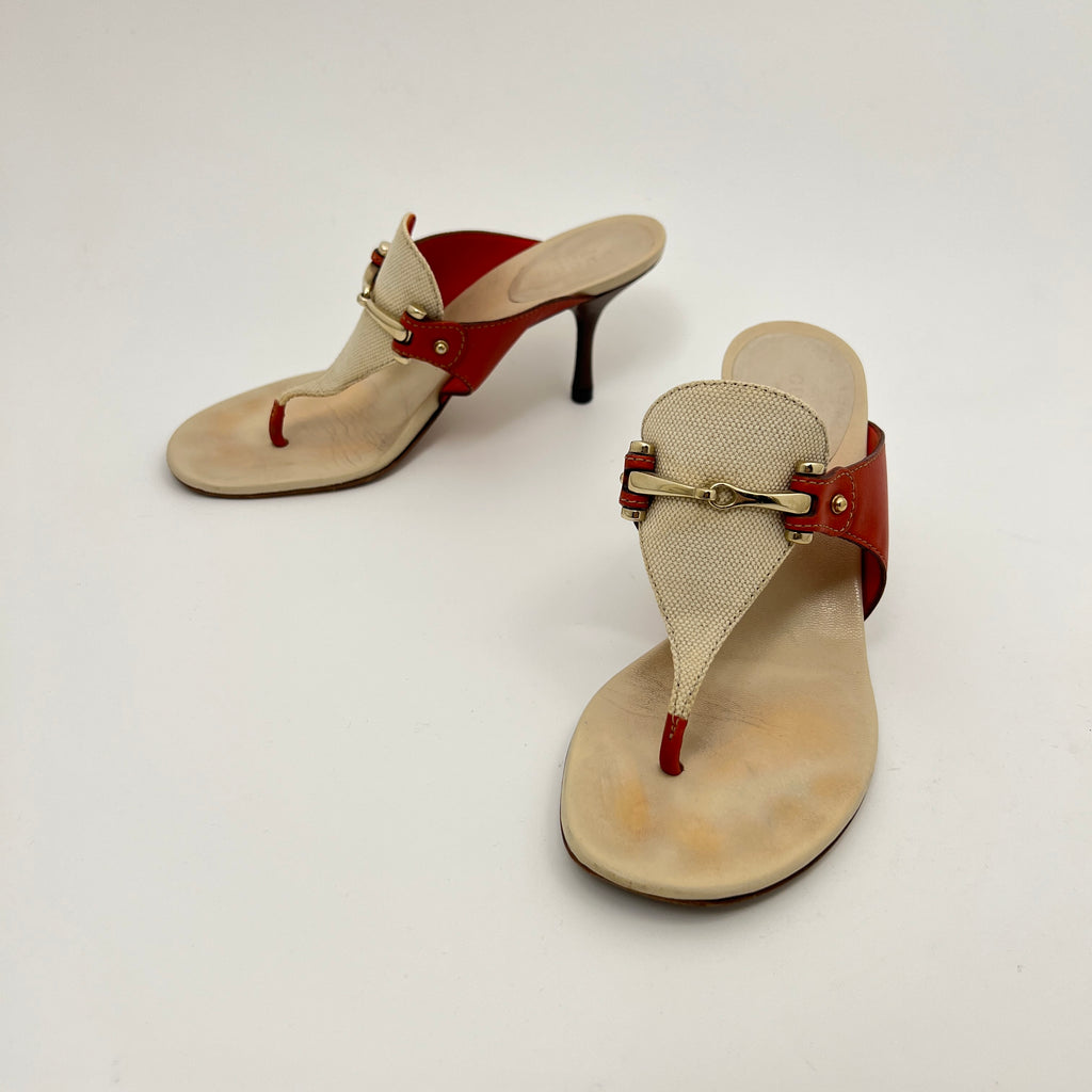 Gucci | Cream Red Leather Gold Hardware Thong Sandal Heels (36.5)