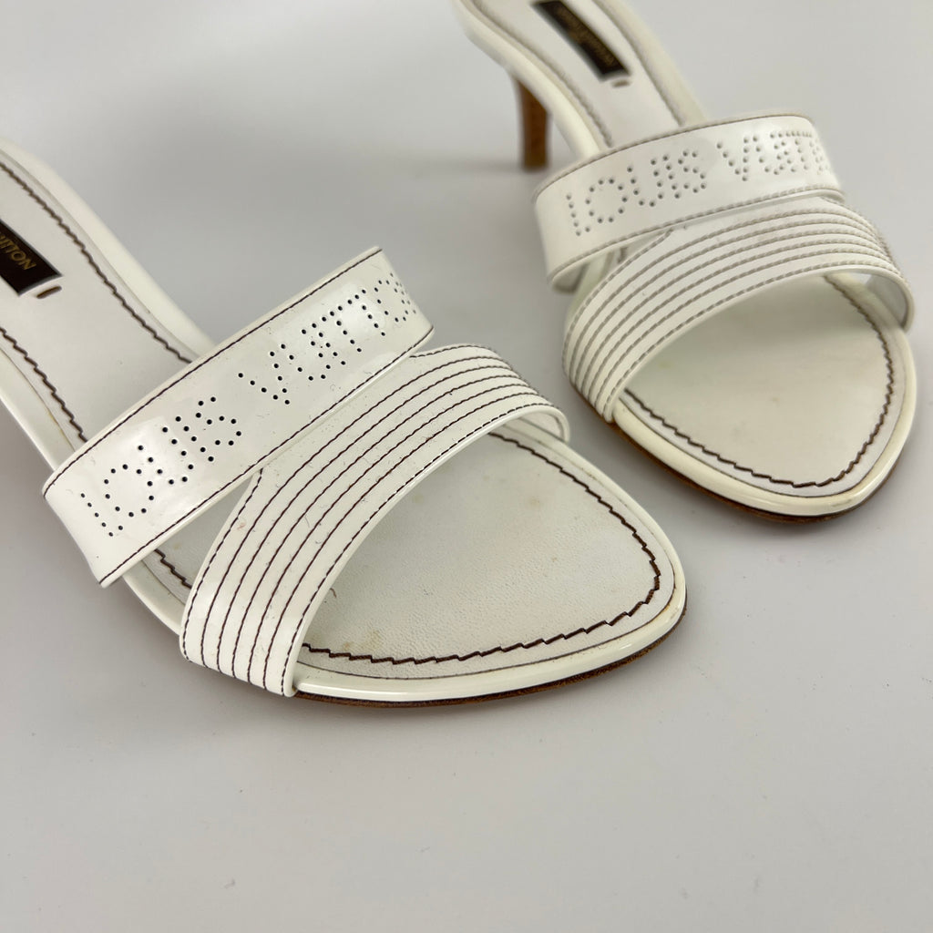 Louis Vuitton | White Patent Leather Logo Slide Sandal Mules (36)