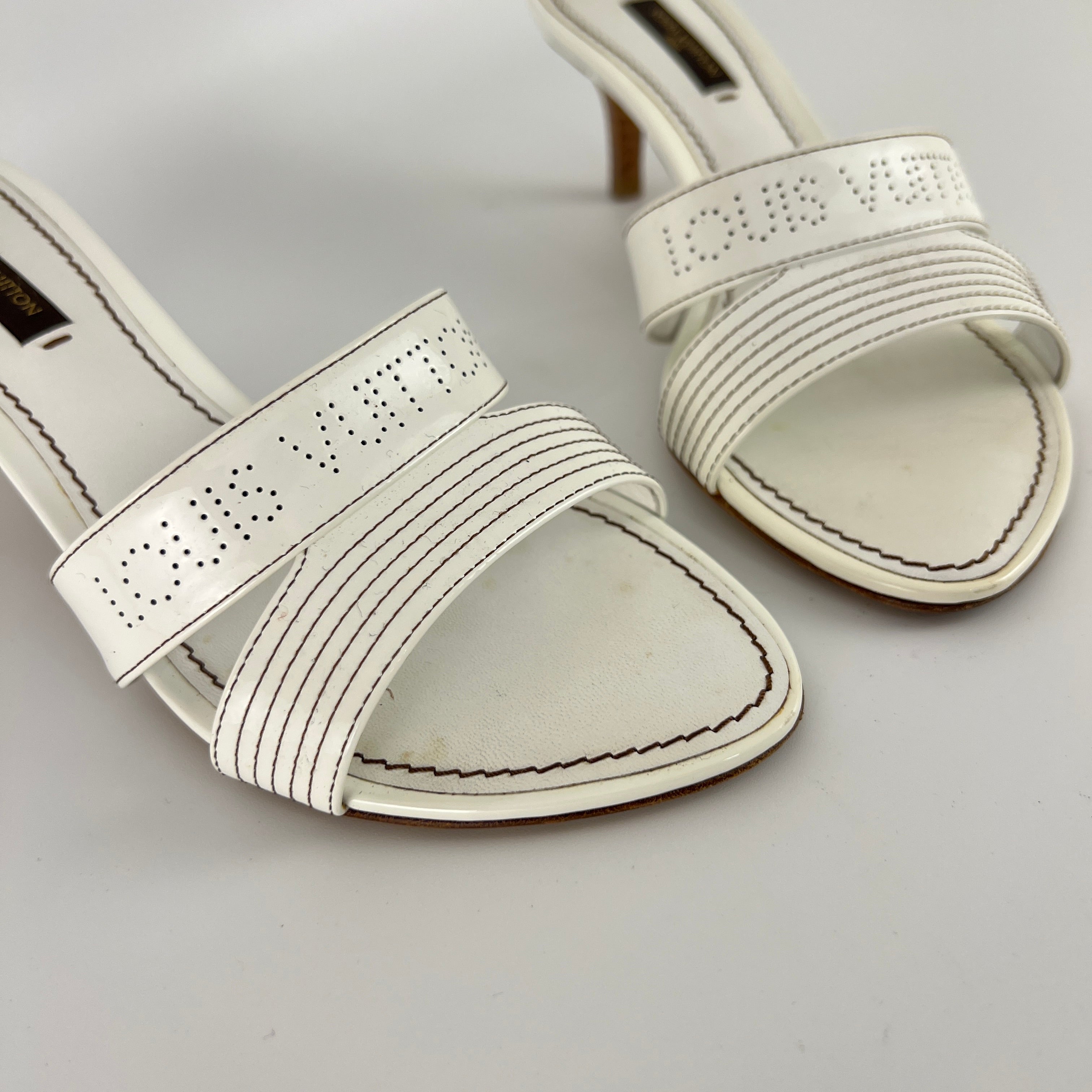 Louis Vuitton | White Patent Leather Logo Slide Sandal Mules (36)