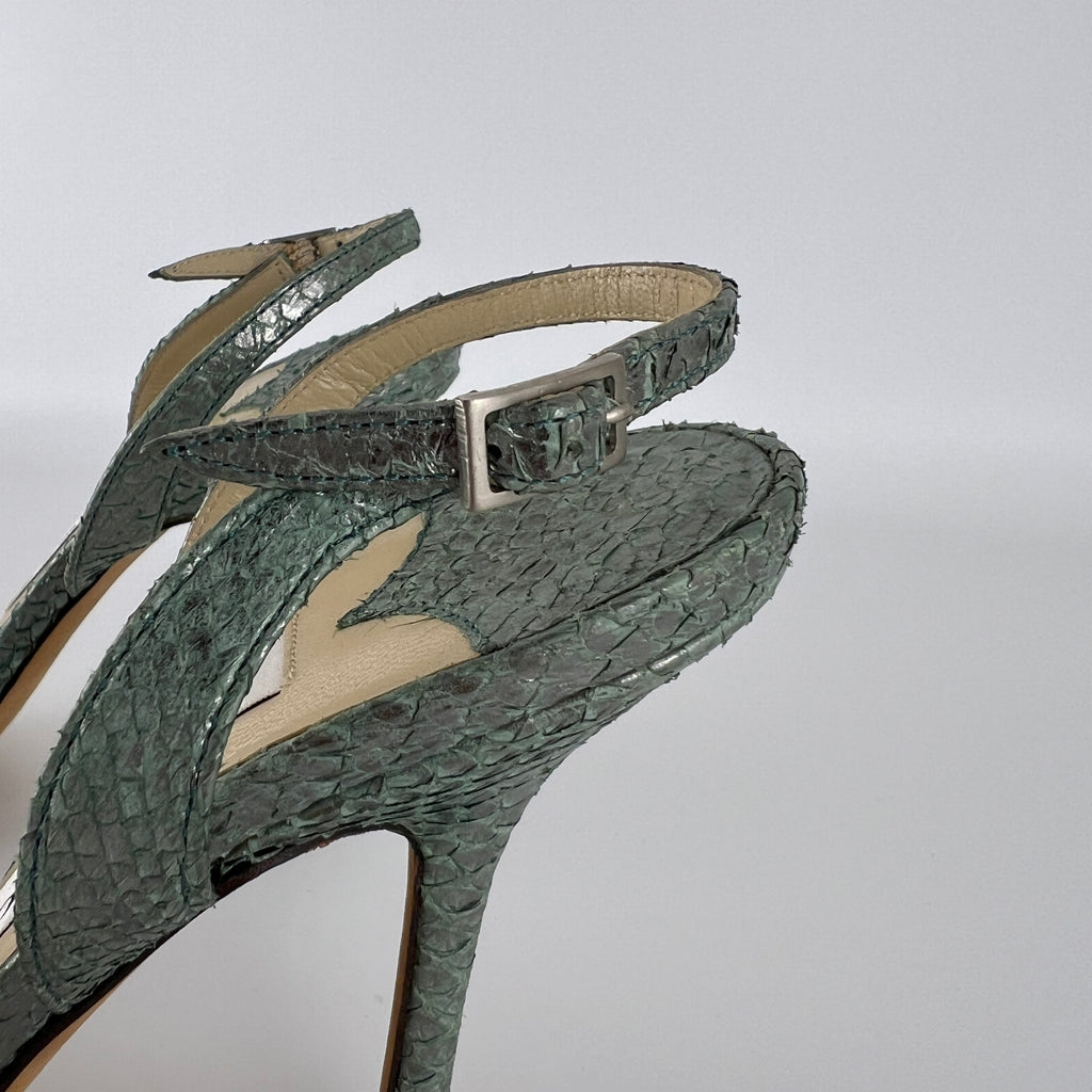Jimmy Choo | Vintage Metallic Green Snake Leather Sandal Slingback (39.5)