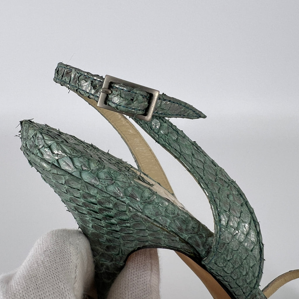 Jimmy Choo | Vintage Metallic Green Snake Leather Sandal Slingback (39.5)