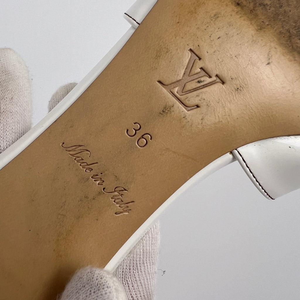 Louis Vuitton | White Patent Leather Logo Slide Sandal Mules (36)