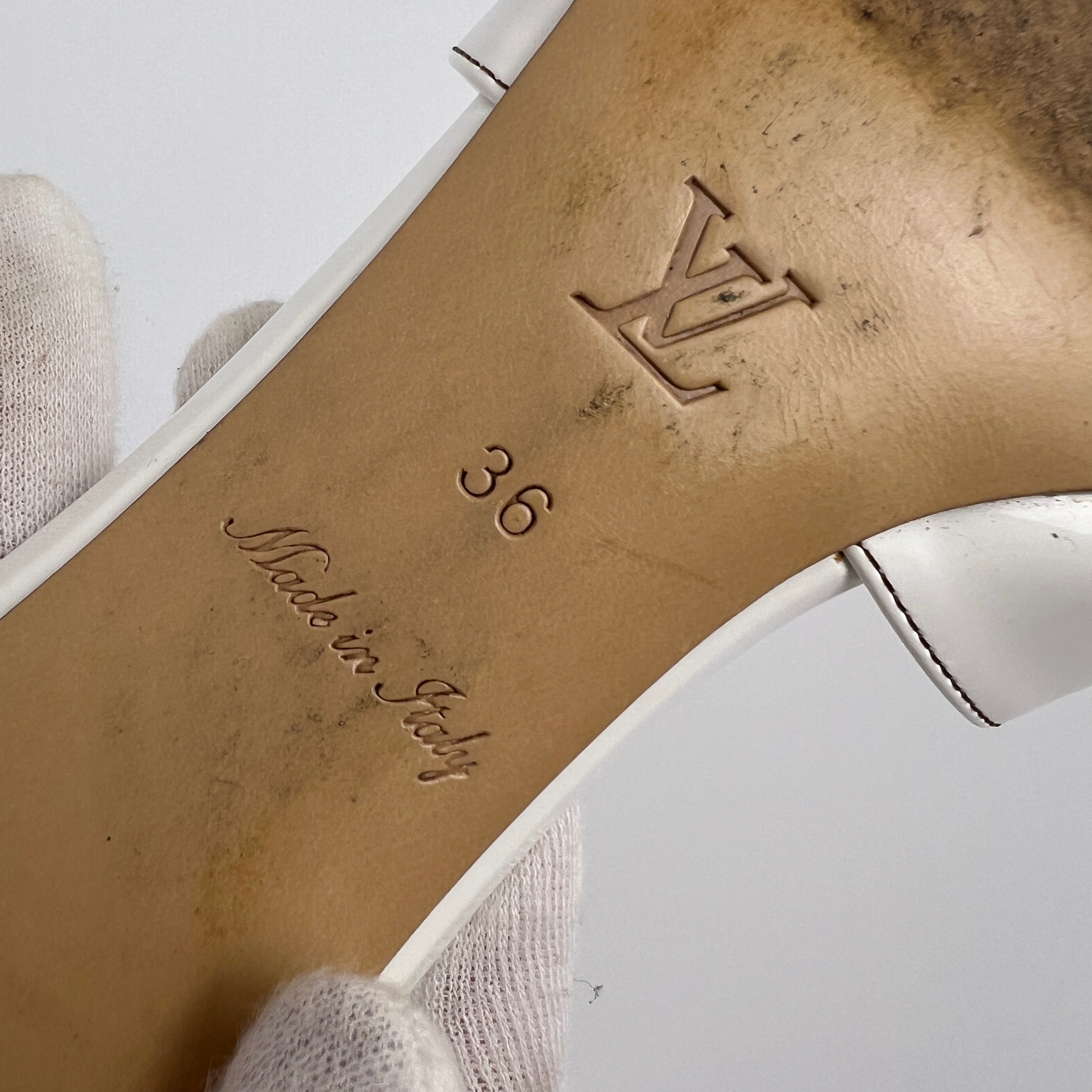Louis Vuitton | White Patent Leather Logo Slide Sandal Mules (36)