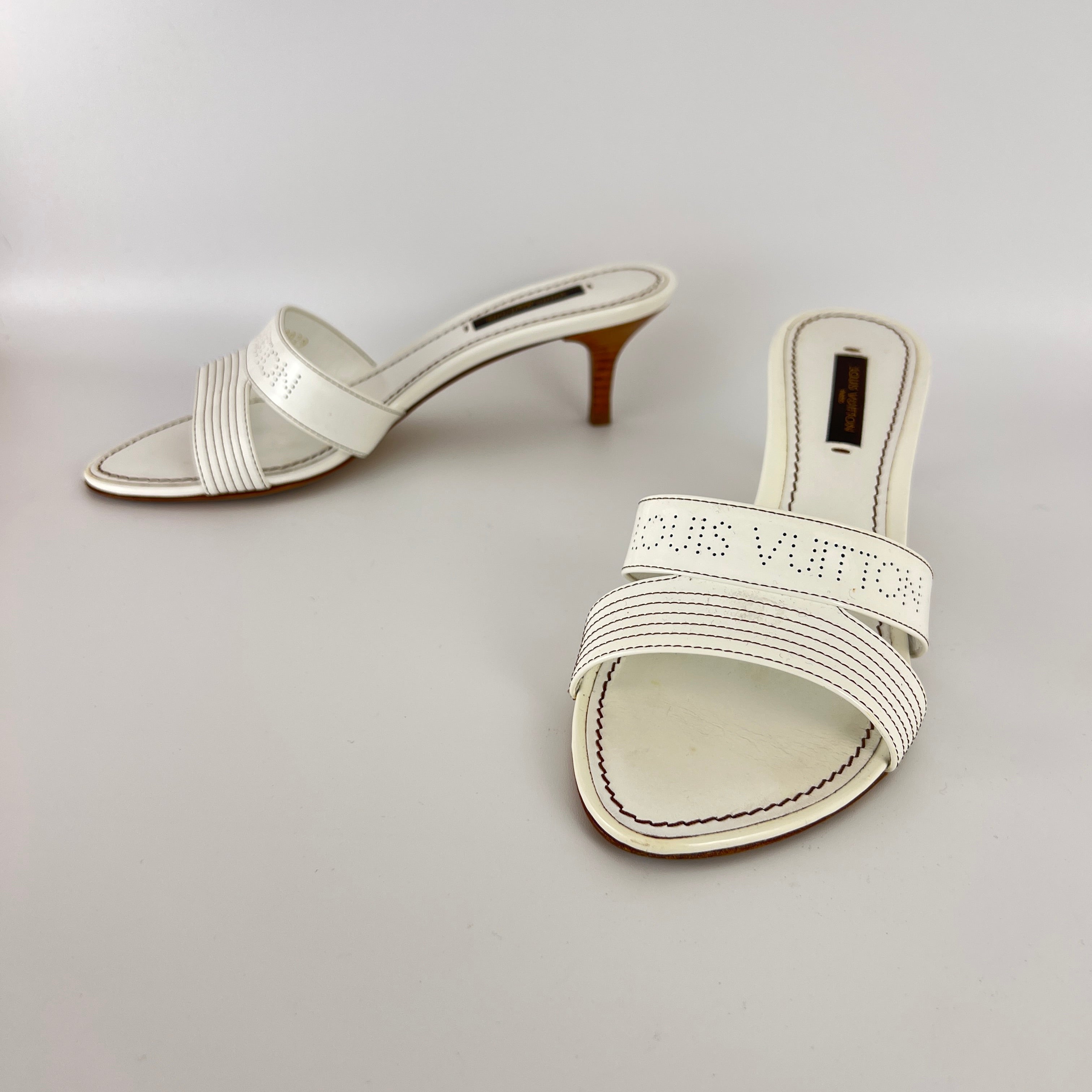 Louis Vuitton | White Patent Leather Logo Slide Sandal Mules (36)