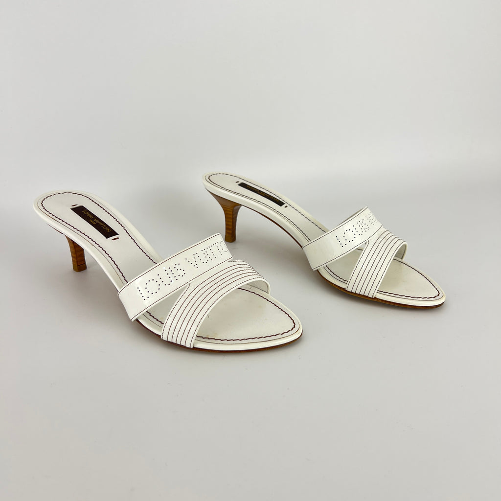 Louis Vuitton | White Patent Leather Logo Slide Sandal Mules (36)
