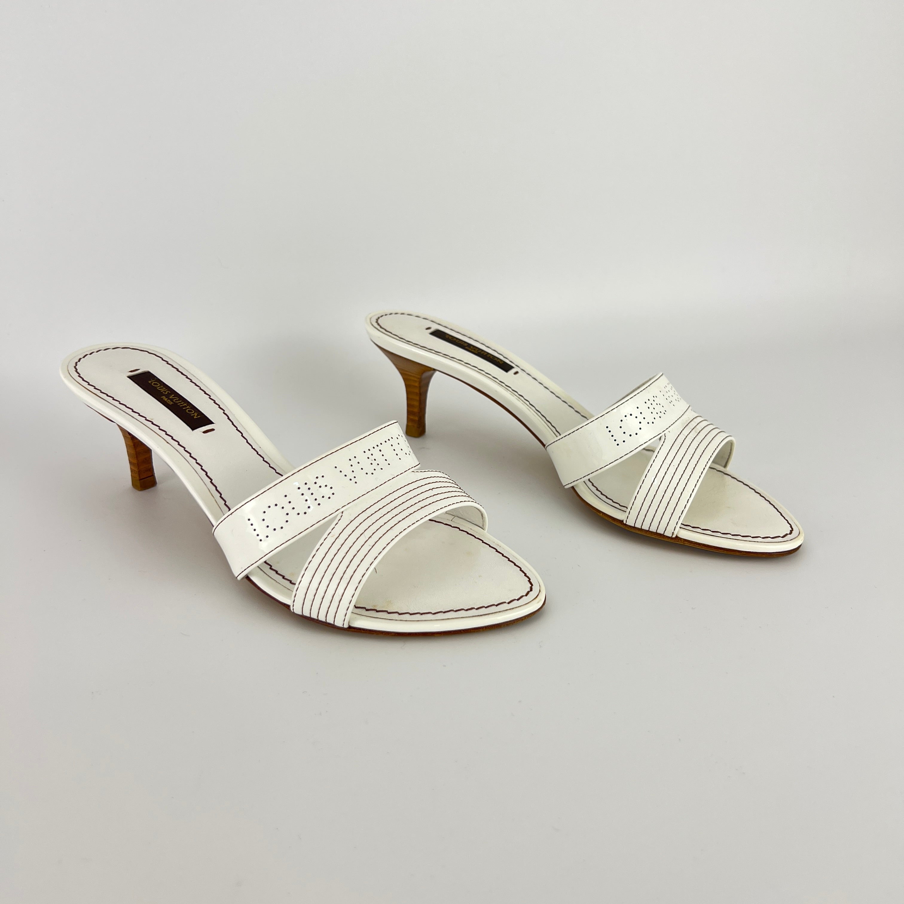 Louis Vuitton | White Patent Leather Logo Slide Sandal Mules (36)