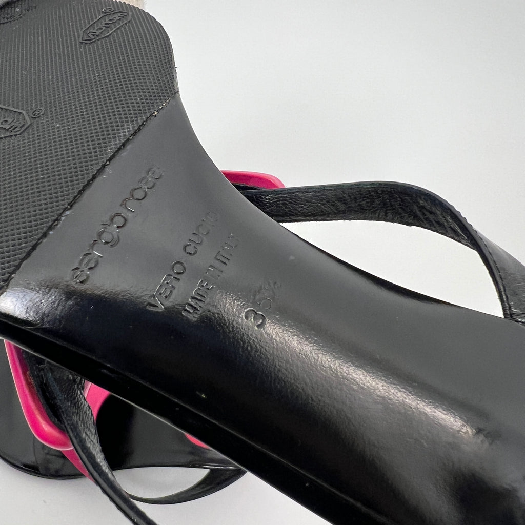 Sergio Rossi | Black Leather Pink Triangle Thong Flip Flop Kitten Heels (35.5)