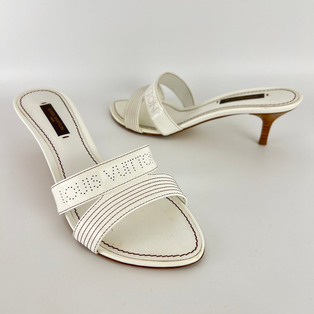 Louis Vuitton | White Patent Leather Logo Slide Sandal Mules (36)