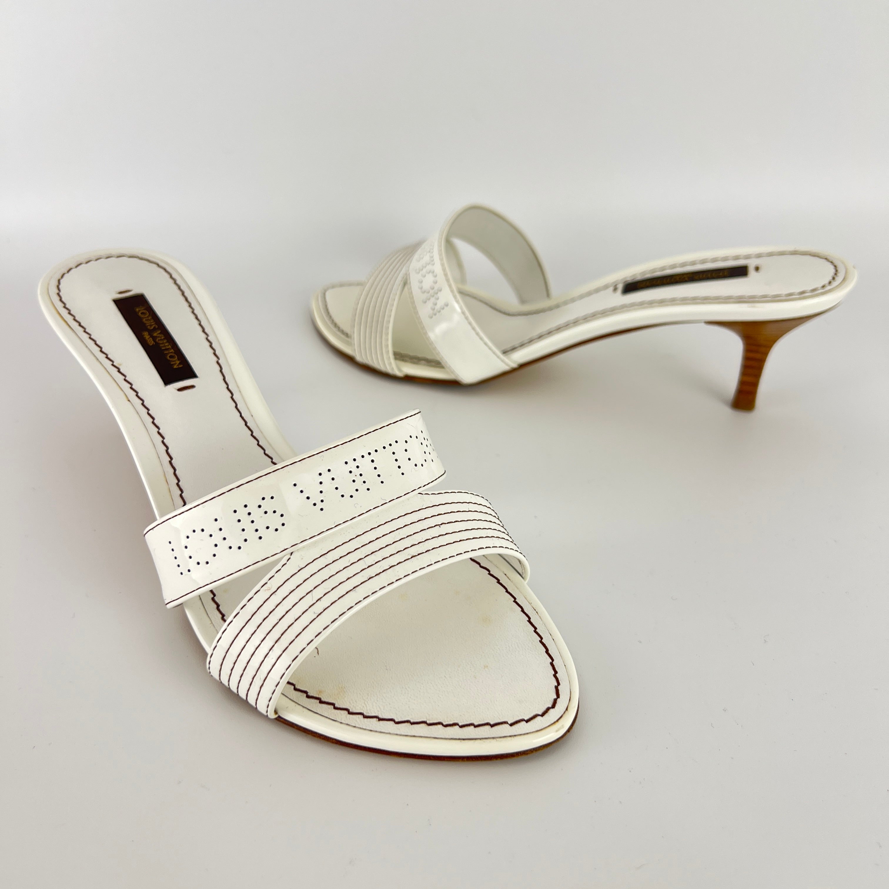 Louis Vuitton | White Patent Leather Logo Slide Sandal Mules (36)