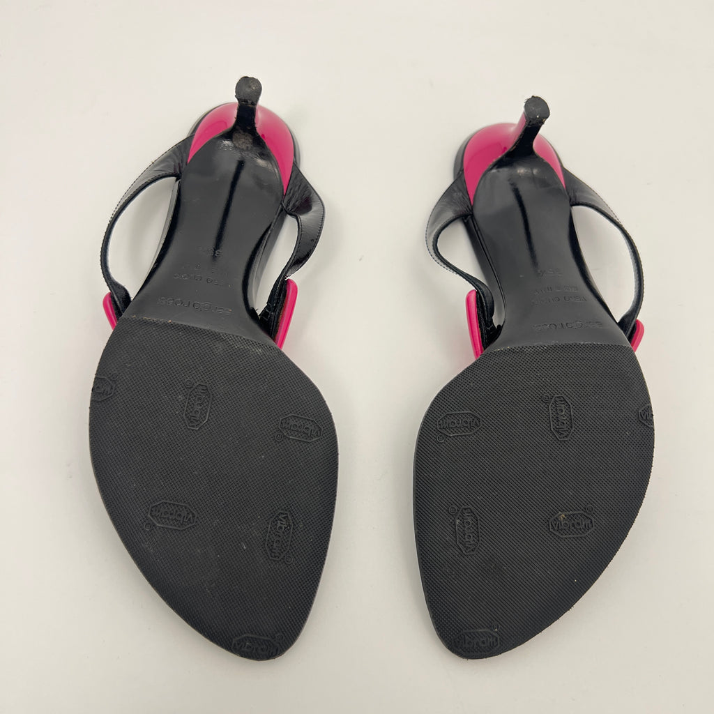Sergio Rossi | Black Leather Pink Triangle Thong Flip Flop Kitten Heels (35.5)