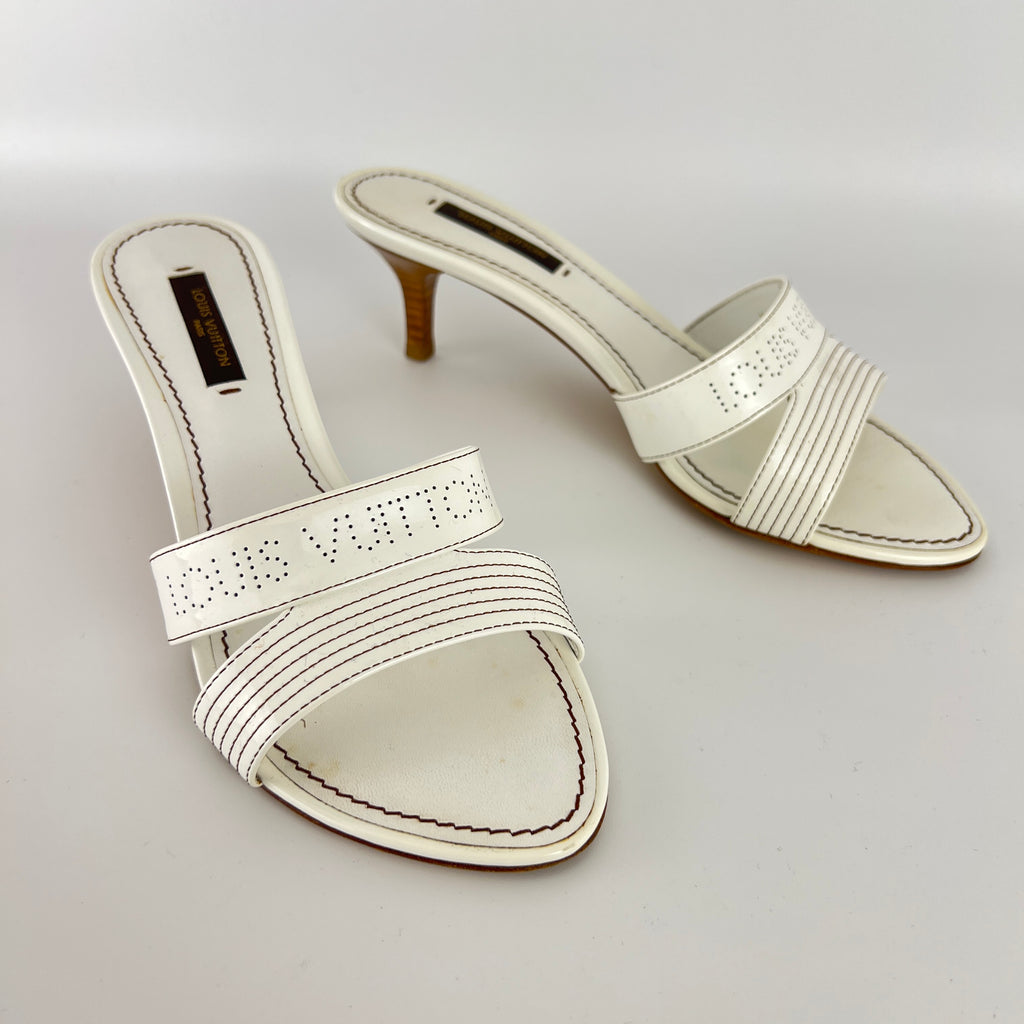 Louis Vuitton | White Patent Leather Logo Slide Sandal Mules (36)