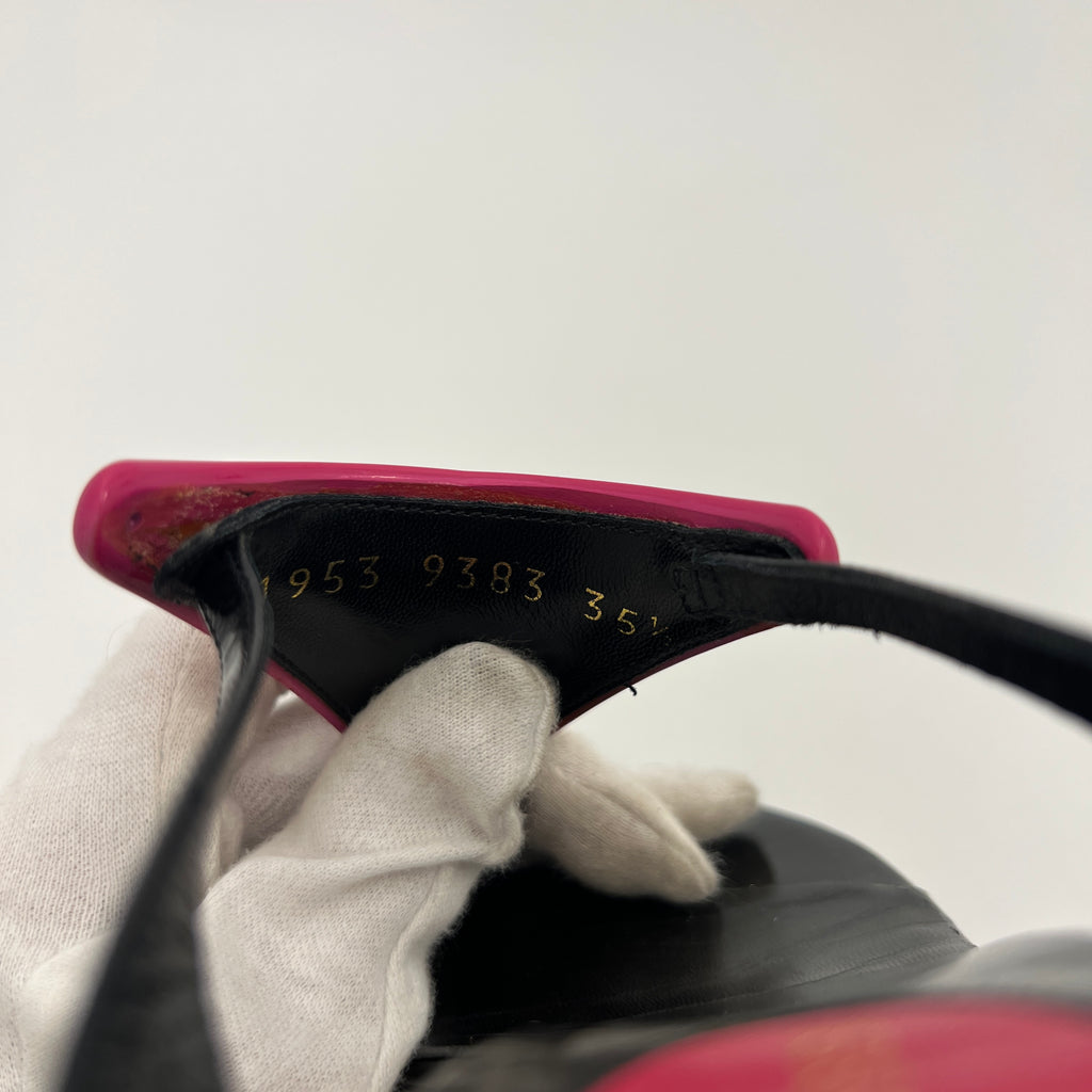 Sergio Rossi | Black Leather Pink Triangle Thong Flip Flop Kitten Heels (35.5)