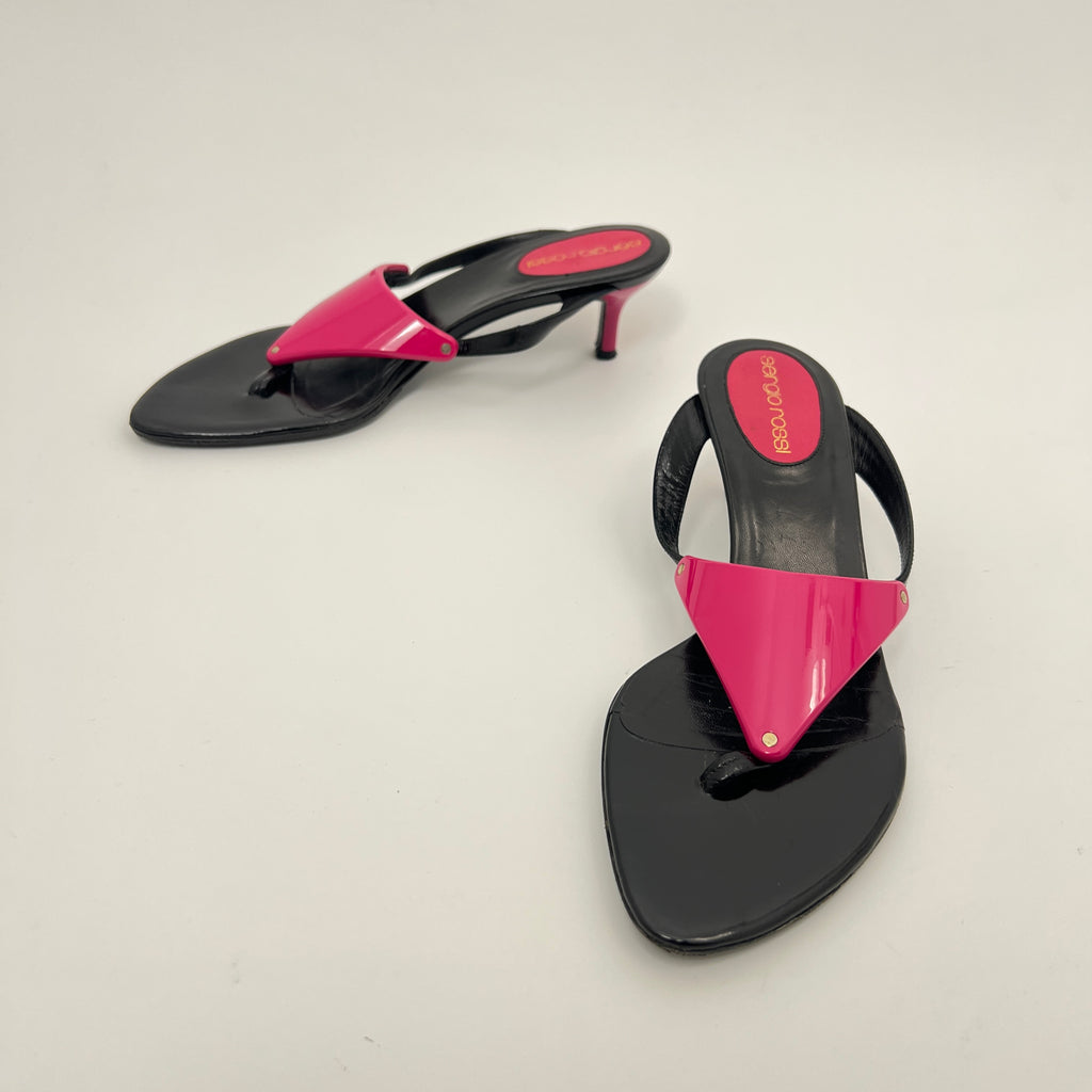 Sergio Rossi | Black Leather Pink Triangle Thong Flip Flop Kitten Heels (35.5)