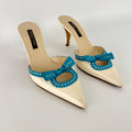 Sergio Rossi | White Cream Leather Blue Bow Pointed Toe Slide Mules (35)