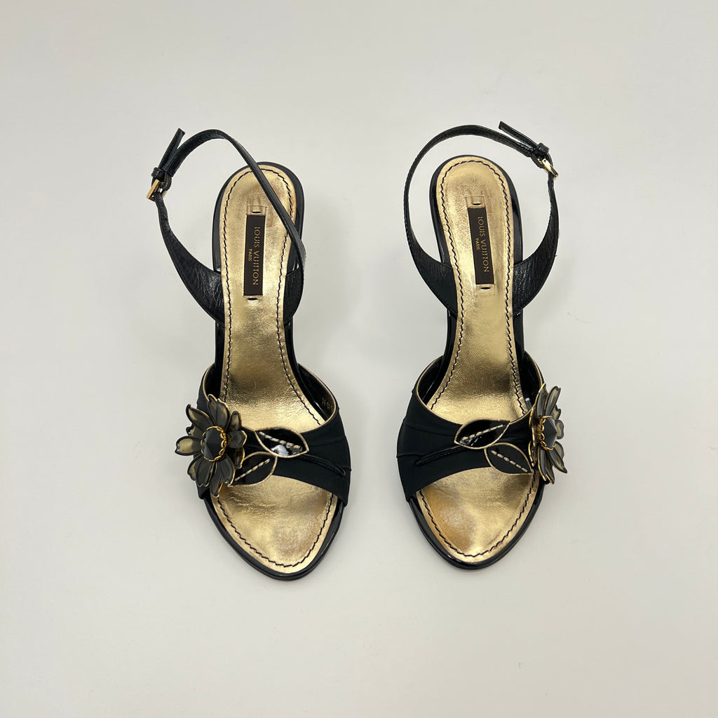 Louis Vuitton | Black Flower Leather Gold Slingback Stiletto Heels (36.5)