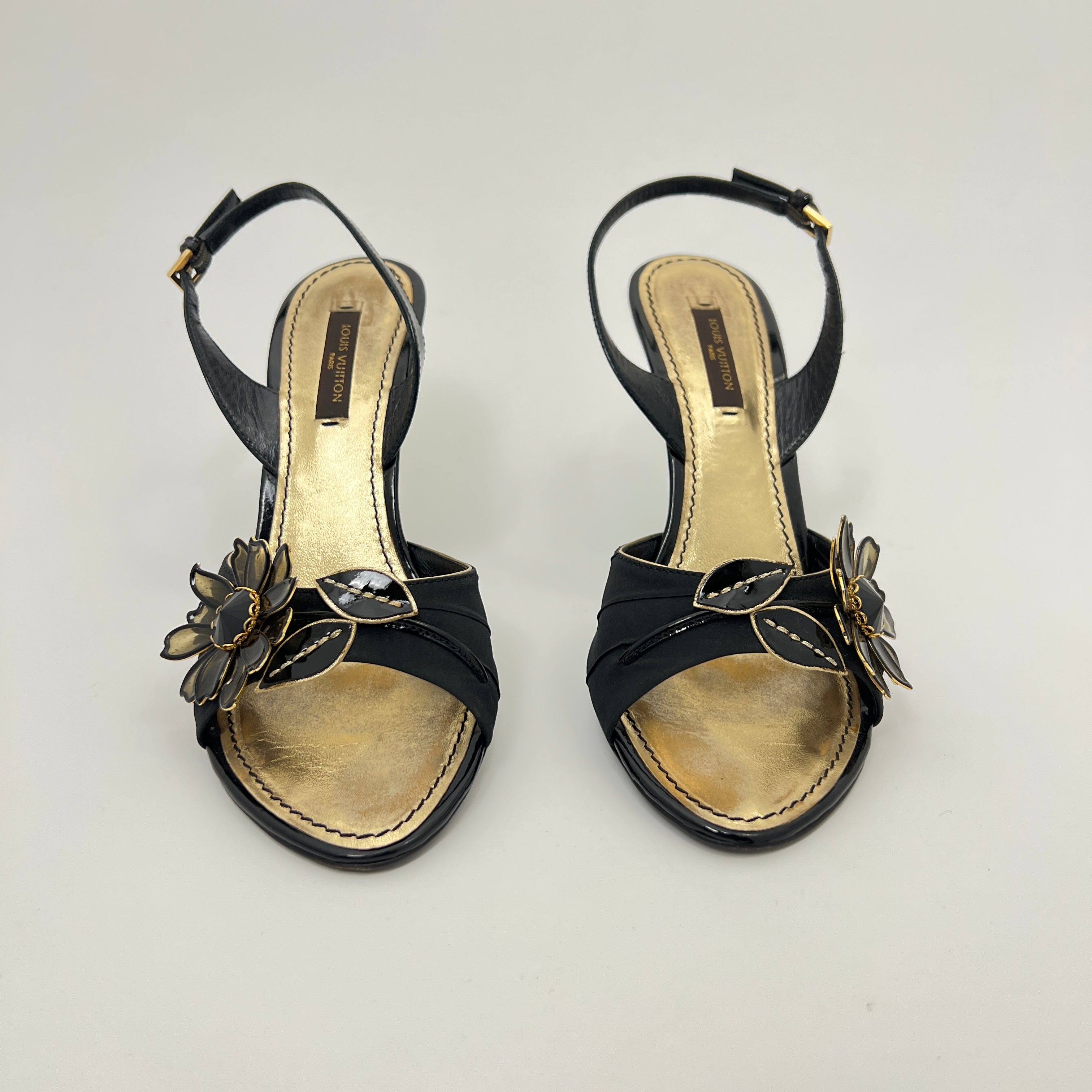 Louis Vuitton | Black Flower Leather Gold Slingback Stiletto Heels (36.5)