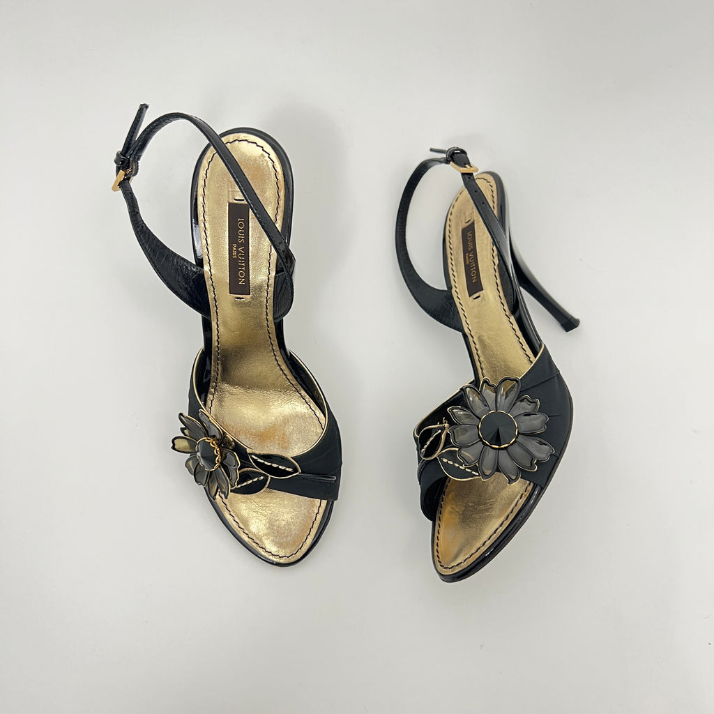 Louis Vuitton | Black Flower Leather Gold Slingback Stiletto Heels (36.5)