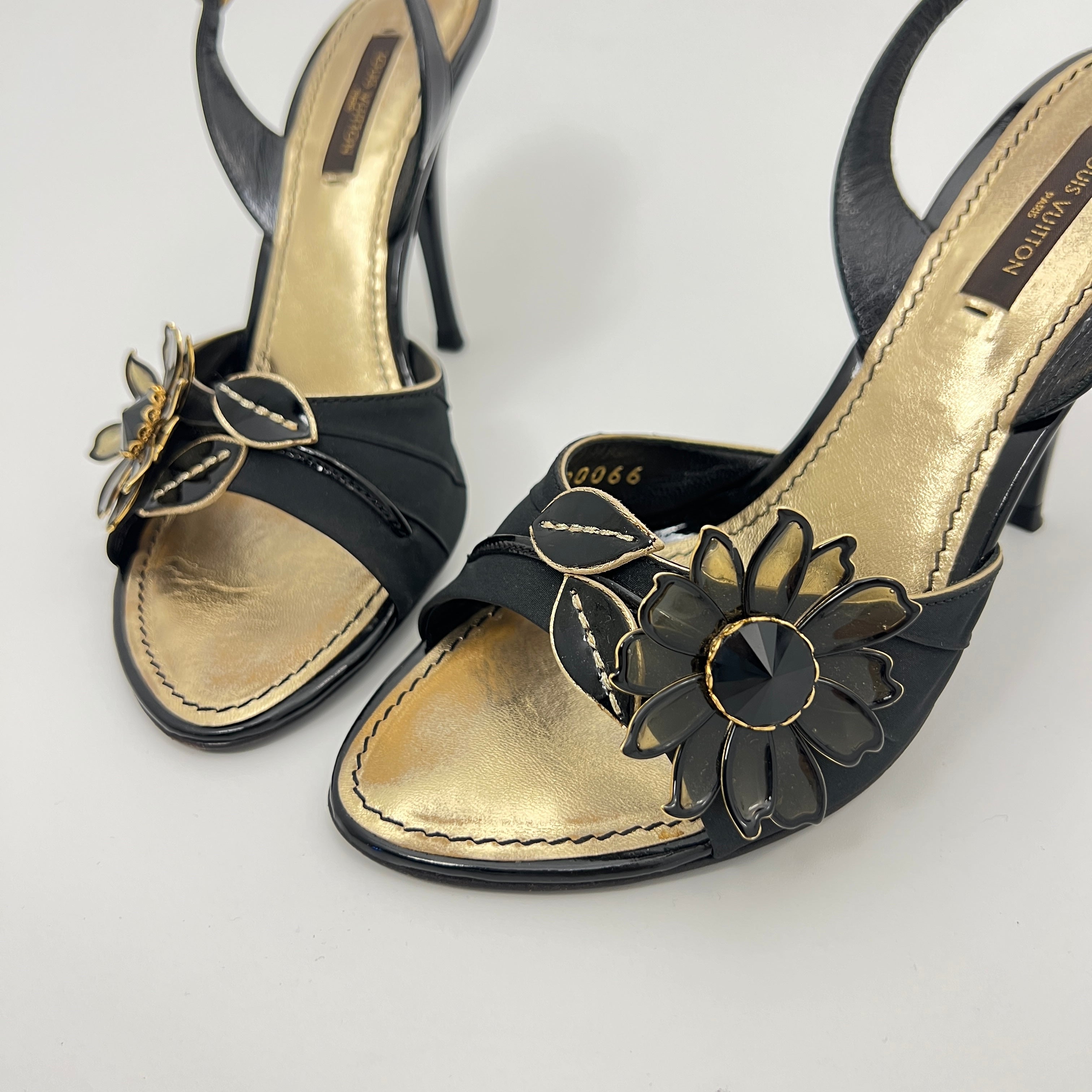 Louis Vuitton | Black Flower Leather Gold Slingback Stiletto Heels (36.5)