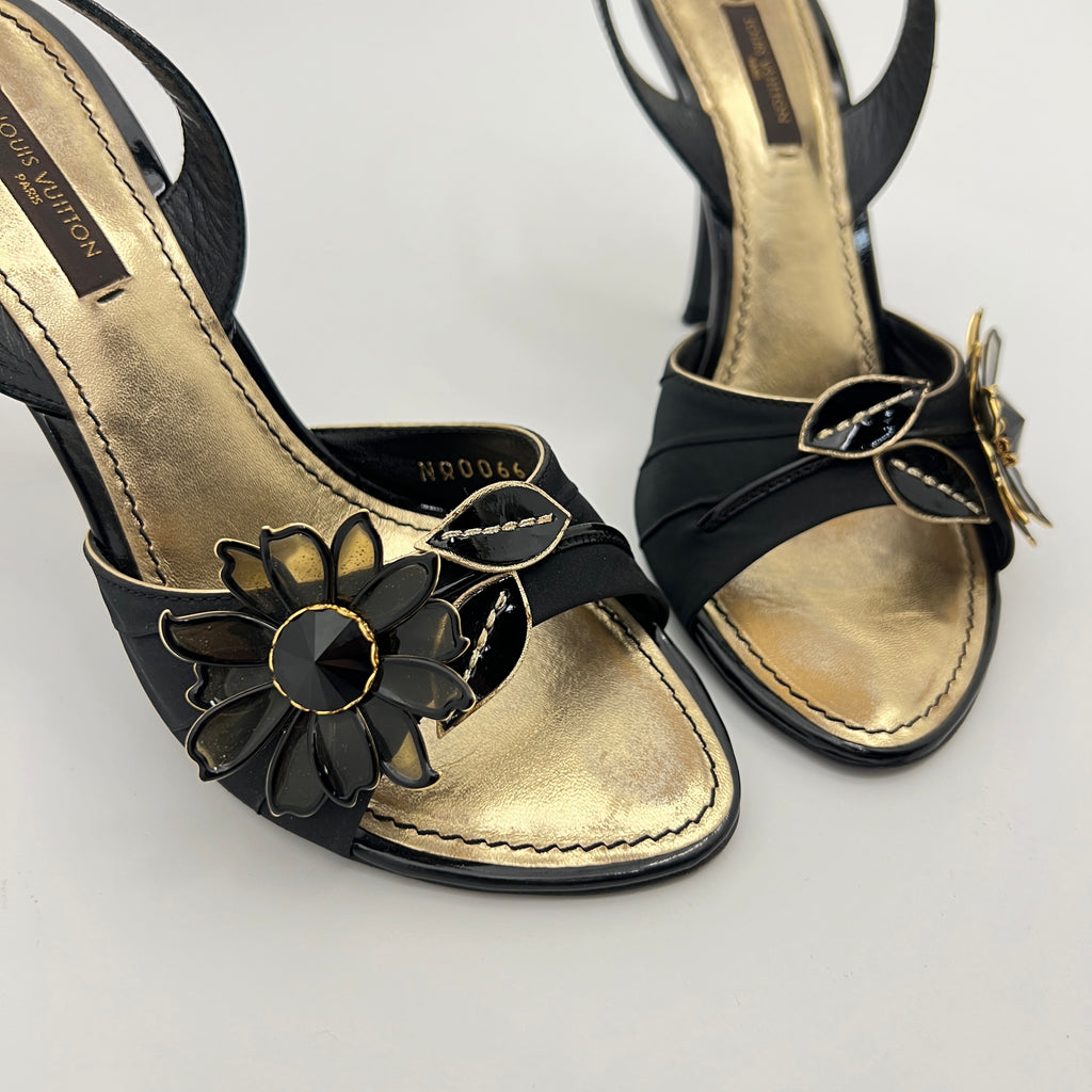 Louis Vuitton | Black Flower Leather Gold Slingback Stiletto Heels (36.5)