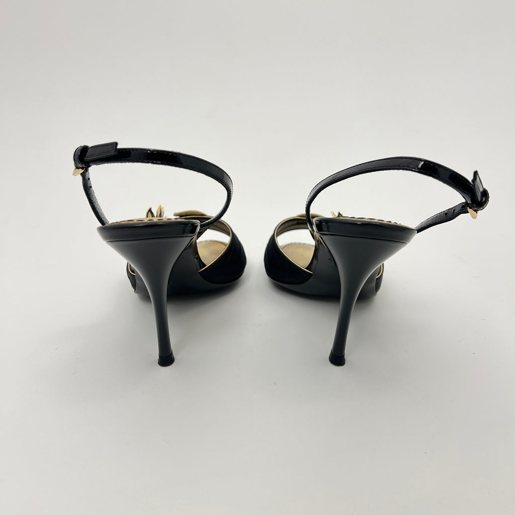 Louis Vuitton | Black Flower Leather Gold Slingback Stiletto Heels (36.5)