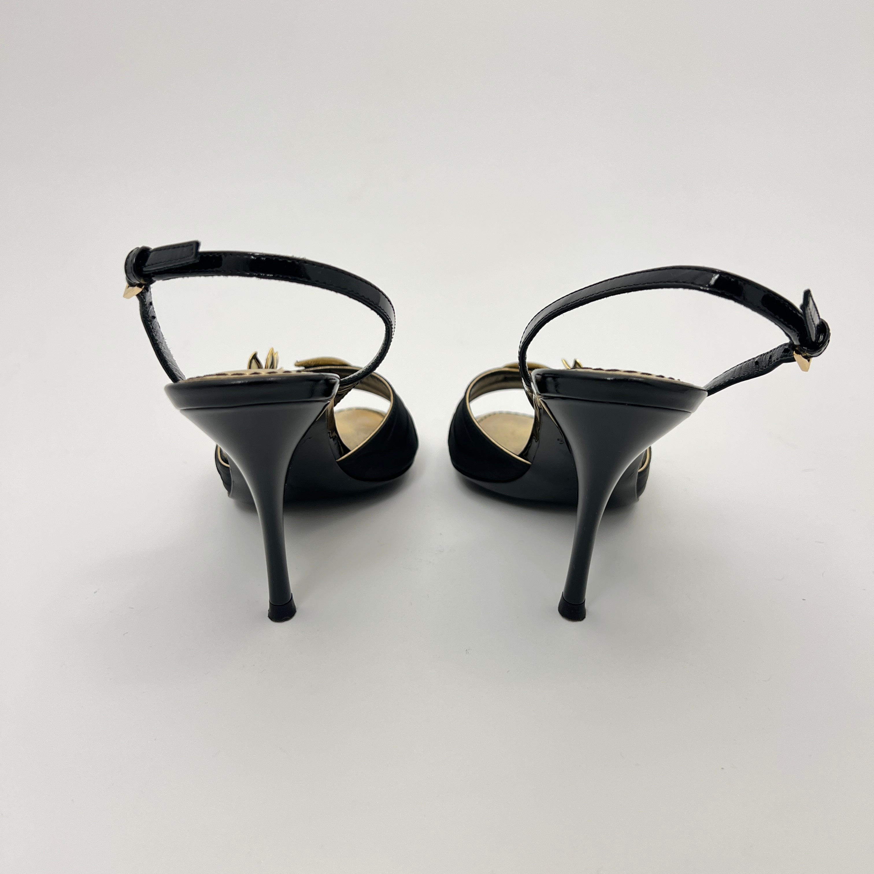 Louis Vuitton | Black Flower Leather Gold Slingback Stiletto Heels (36.5)