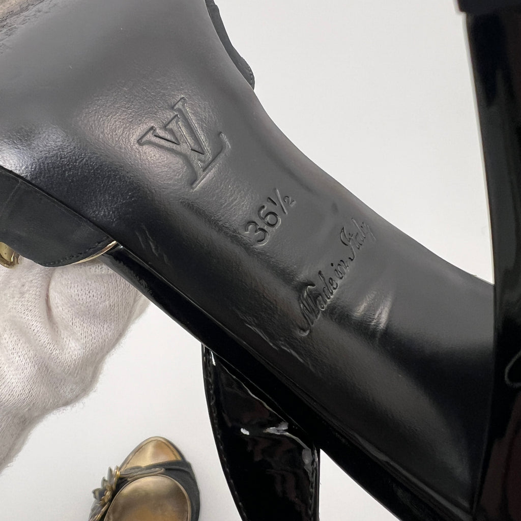 Louis Vuitton | Black Flower Leather Gold Slingback Stiletto Heels (36.5)