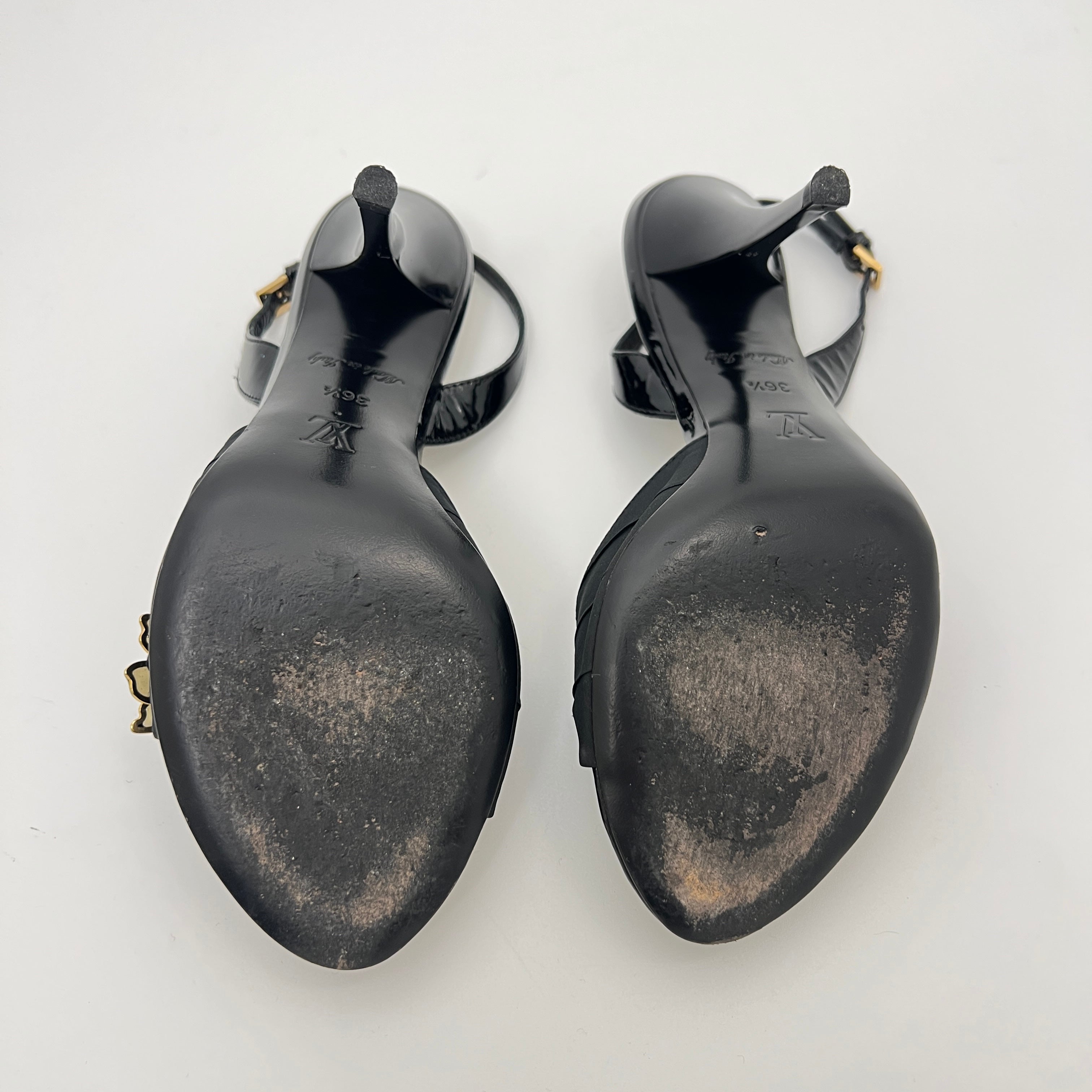 Louis Vuitton | Black Flower Leather Gold Slingback Stiletto Heels (36.5)