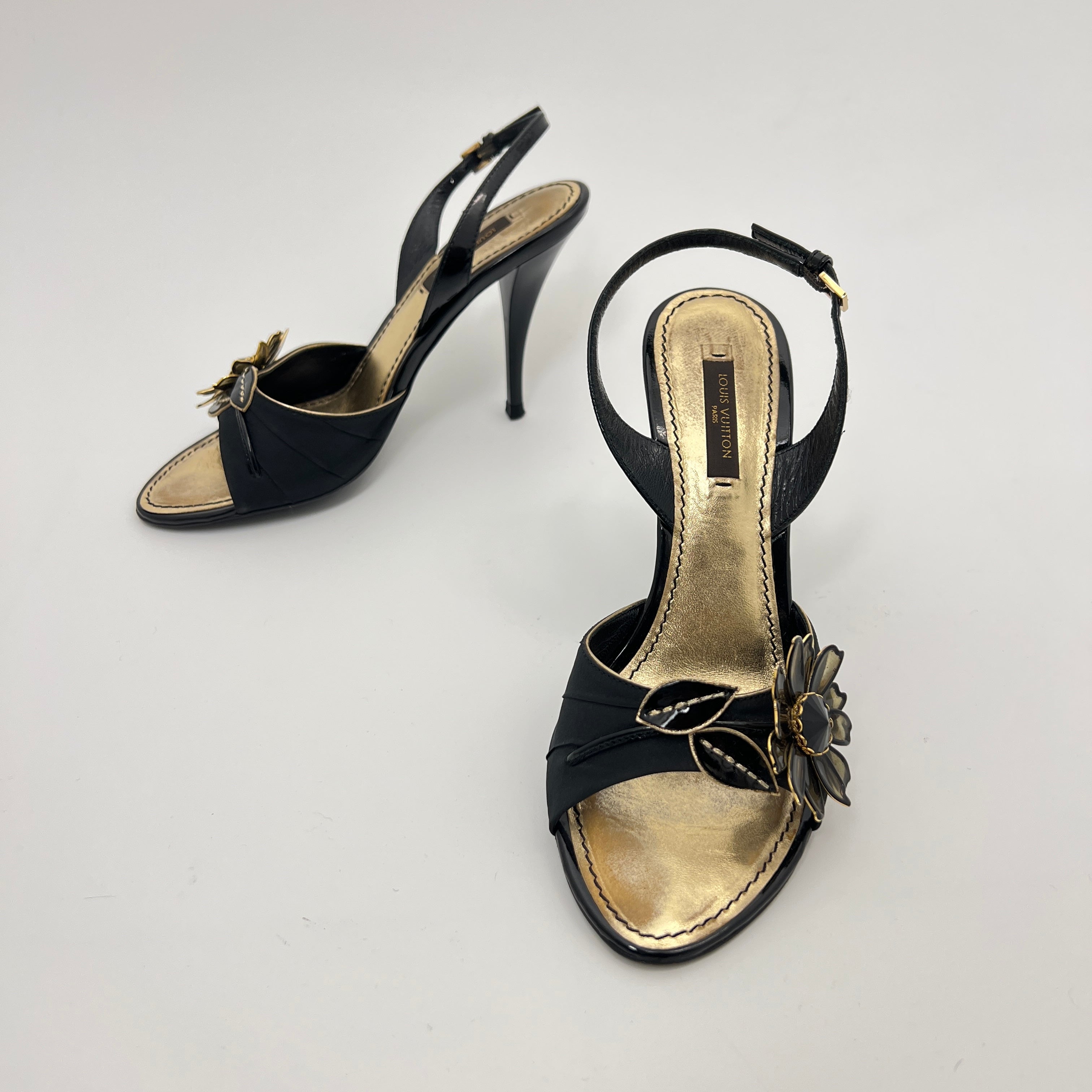 Louis Vuitton | Black Flower Leather Gold Slingback Stiletto Heels (36.5)