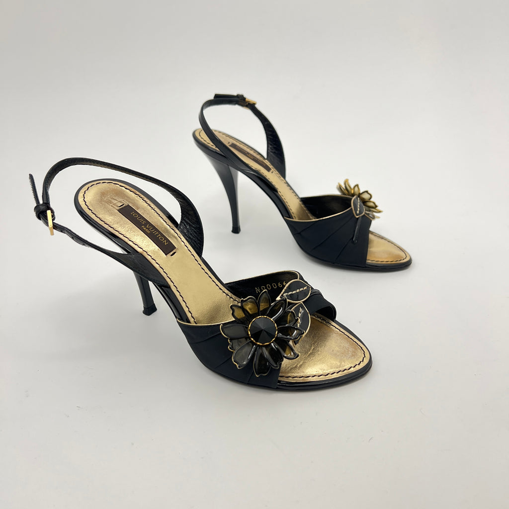 Louis Vuitton | Black Flower Leather Gold Slingback Stiletto Heels (36.5)