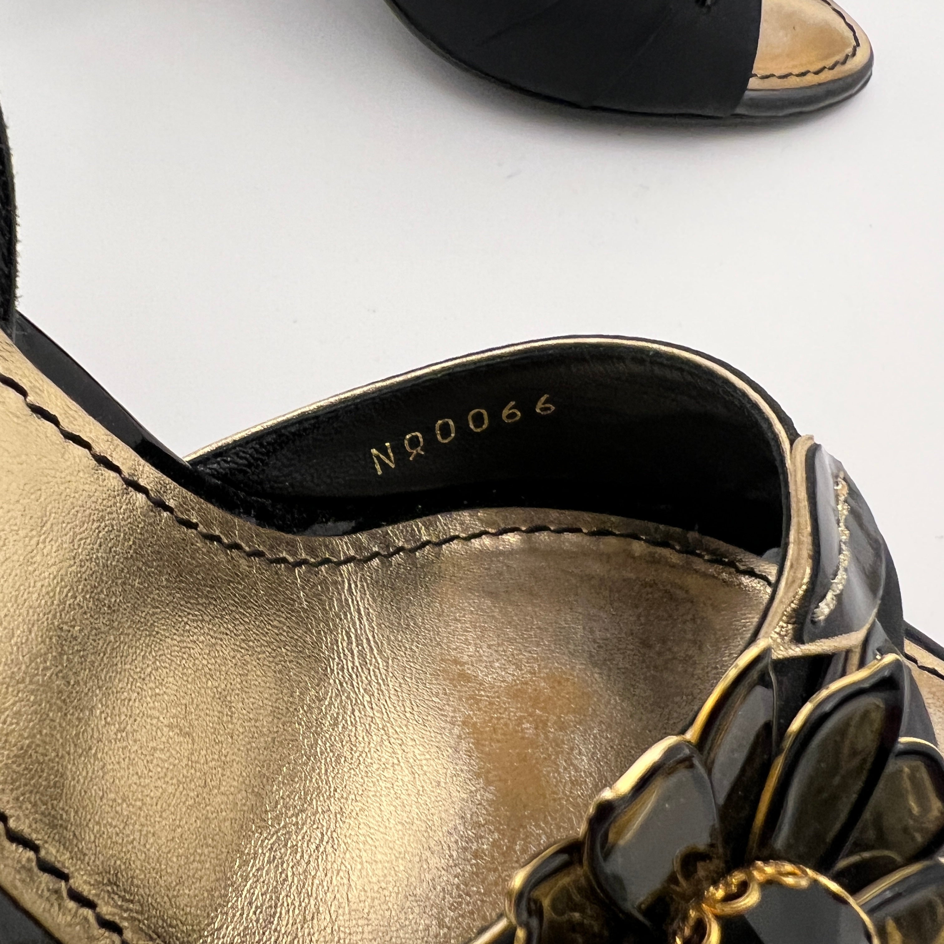 Louis Vuitton | Black Flower Leather Gold Slingback Stiletto Heels (36.5)