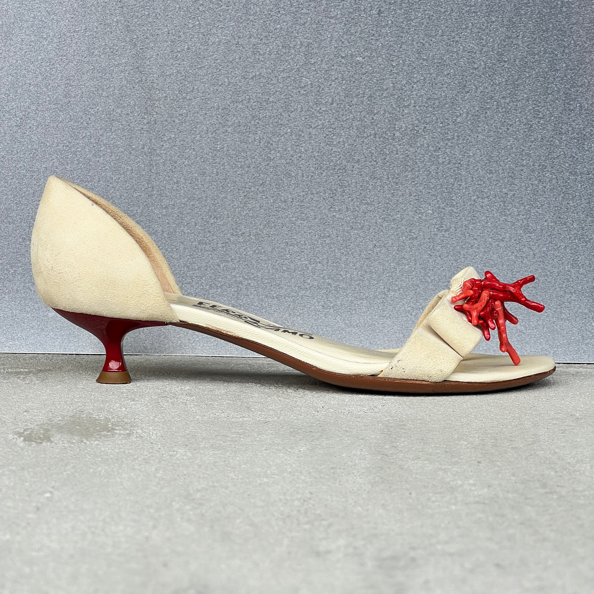 Ferragamo | Red Coral White Suede Leather Thong Sandal Kitten Heel (6, 36)