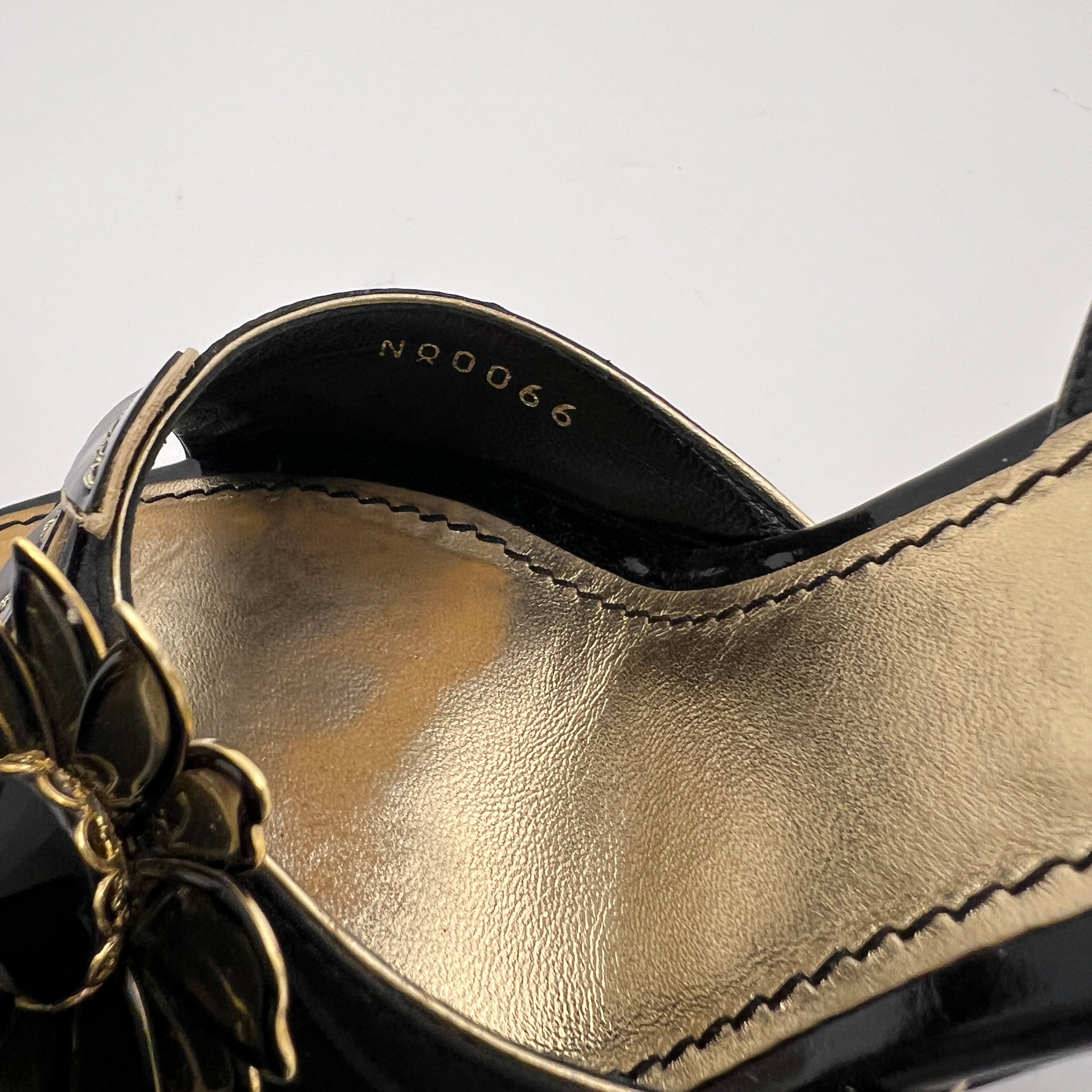 Louis Vuitton | Black Flower Leather Gold Slingback Stiletto Heels (36.5)