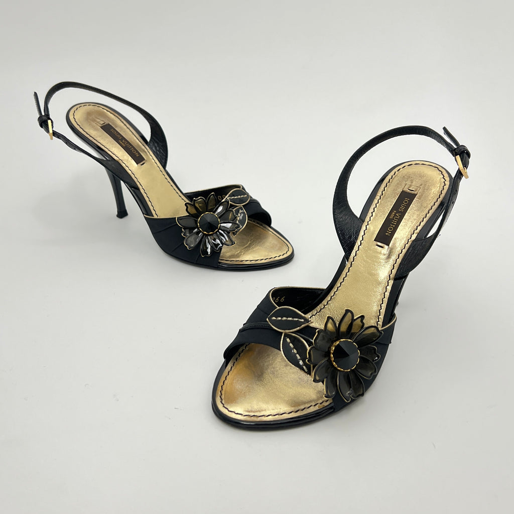 Louis Vuitton | Black Flower Leather Gold Slingback Stiletto Heels (36.5)