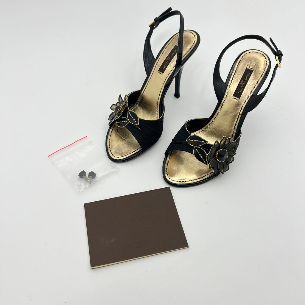 Louis Vuitton | Black Flower Leather Gold Slingback Stiletto Heels (36.5)